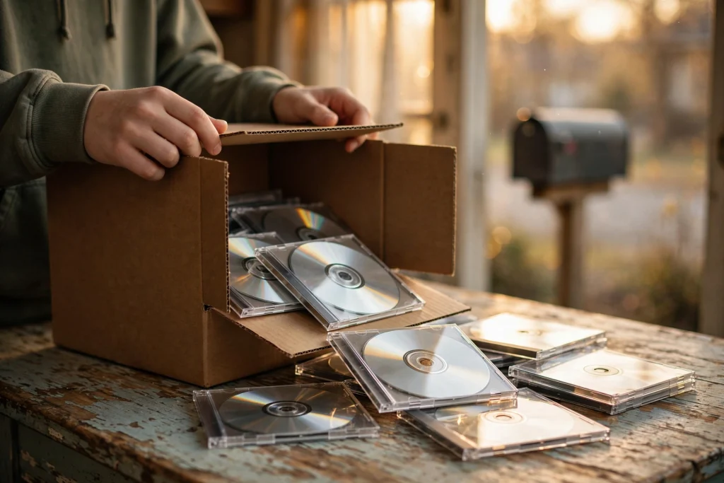 Columbia House memories: teenager opening a mail-order box of CDs on a porch table, mailbox behind, 1990s film tones