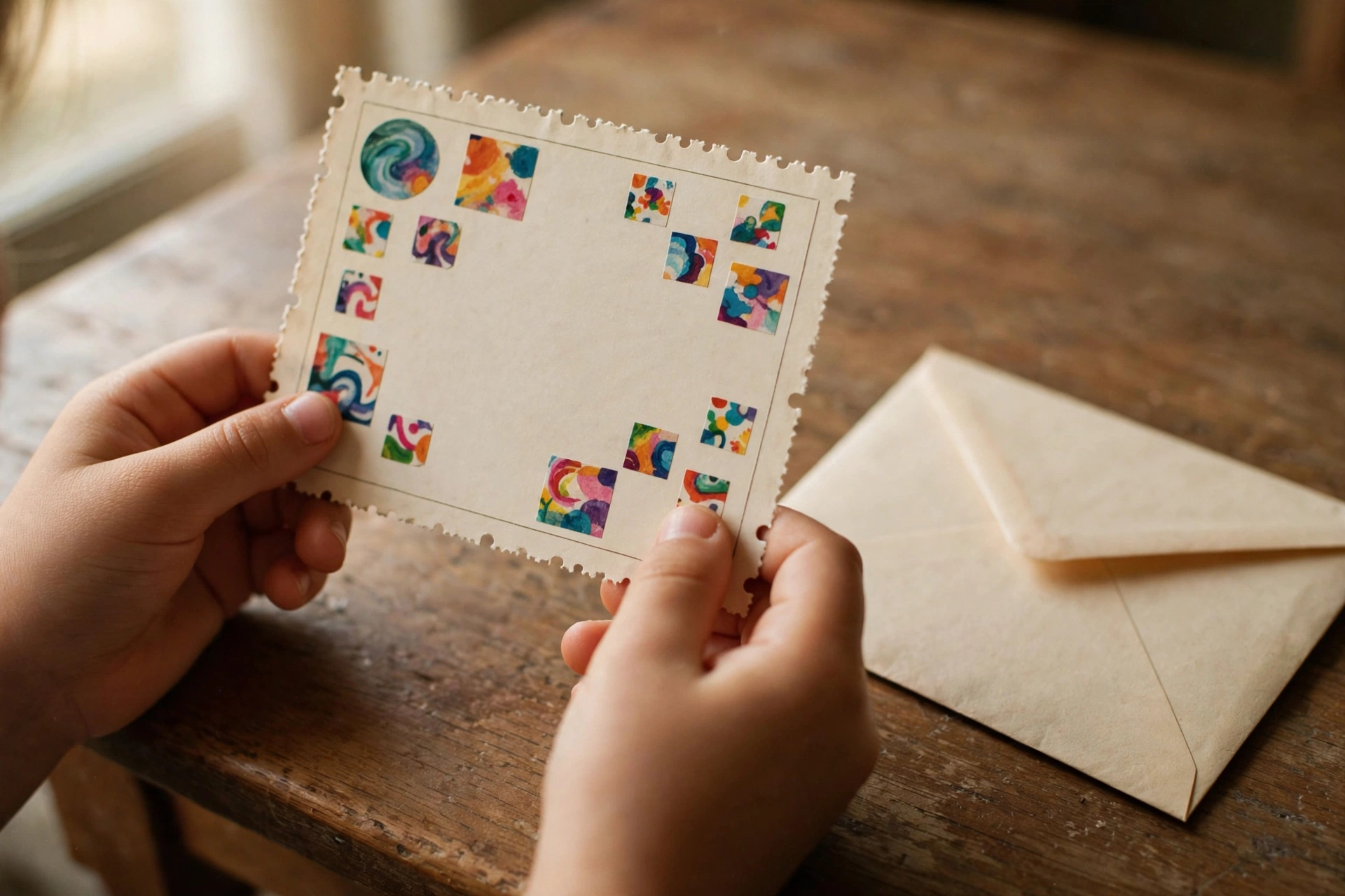 Hands holding a perforated mail-order music club card with tiny colorful album stickers, envelope on a wooden table