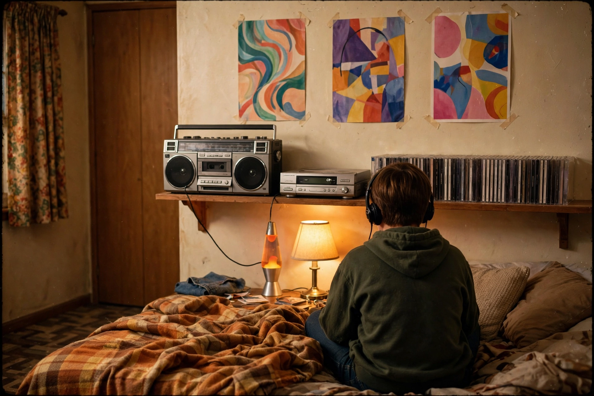 1990s bedroom with a boombox, CD player, lava lamp and shelves of CDs, a teenager listening from behind