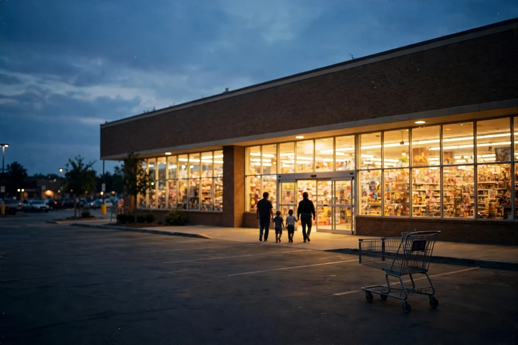 Toys R Us memories: 1990s toy store entrance glowing at dusk, family walking through sliding doors, nostalgic film photograph