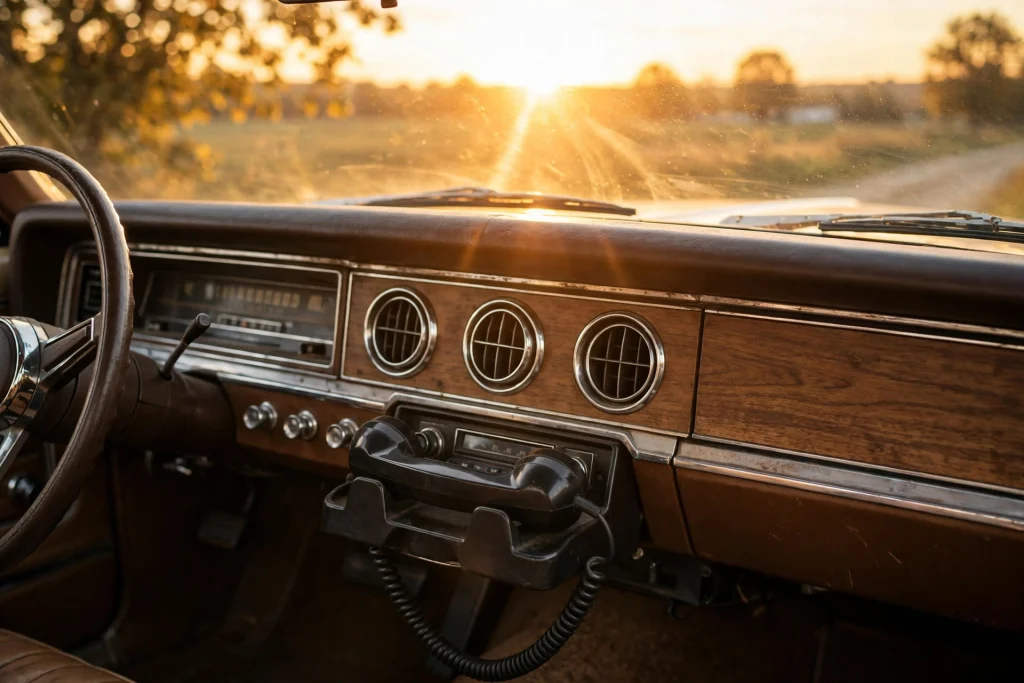 1970s car dashboard at golden hour with a vintage CB radio handset resting in its cradle, warm sunset glow