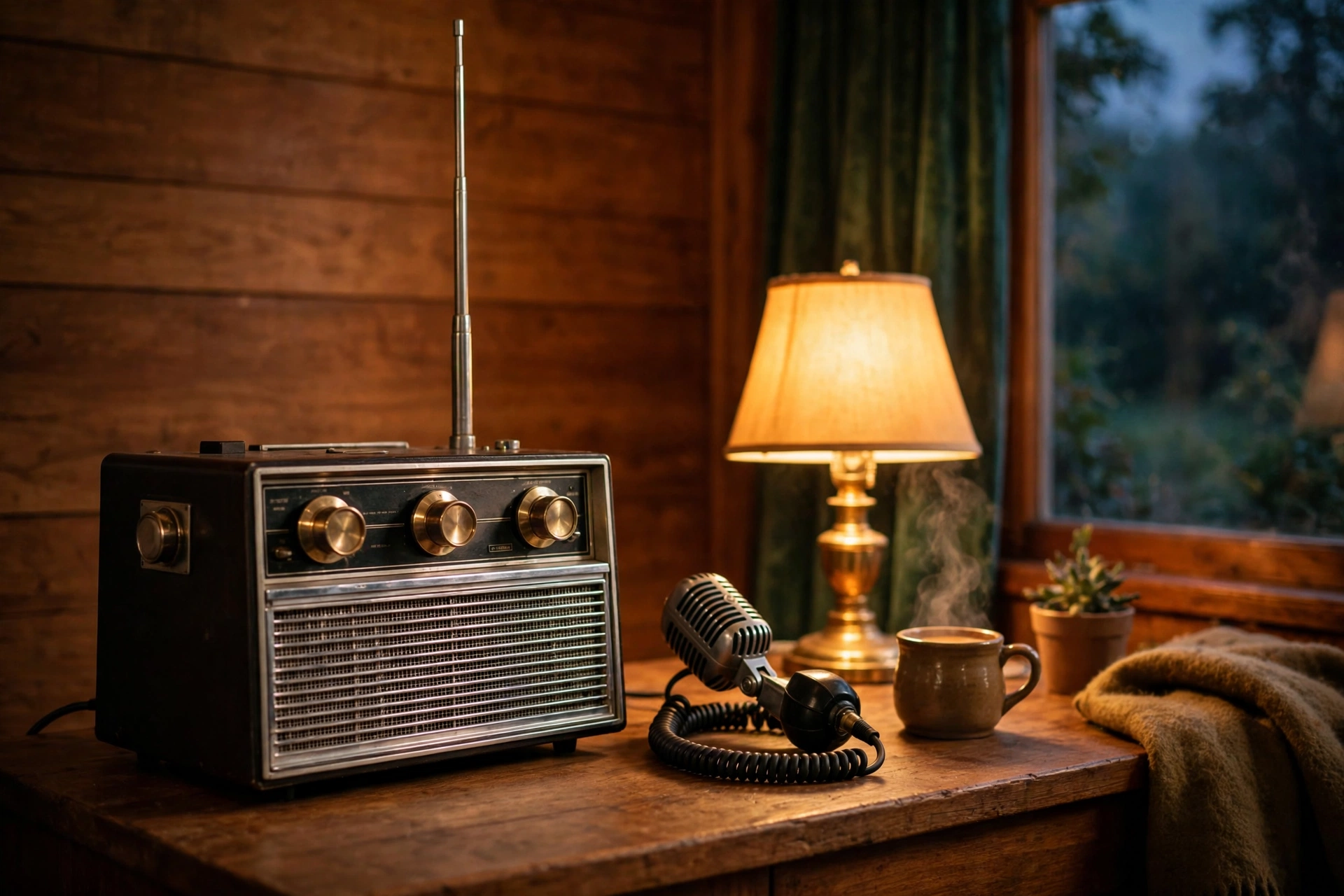 Vintage 1970s CB base station with a tall antenna on a wooden desk in a cozy wood-paneled den