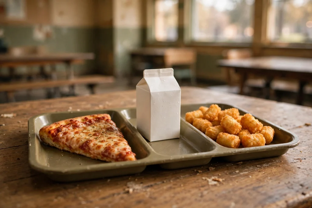Retro school cafeteria tray holding a rectangular pizza slice, small milk carton, and golden tater tots