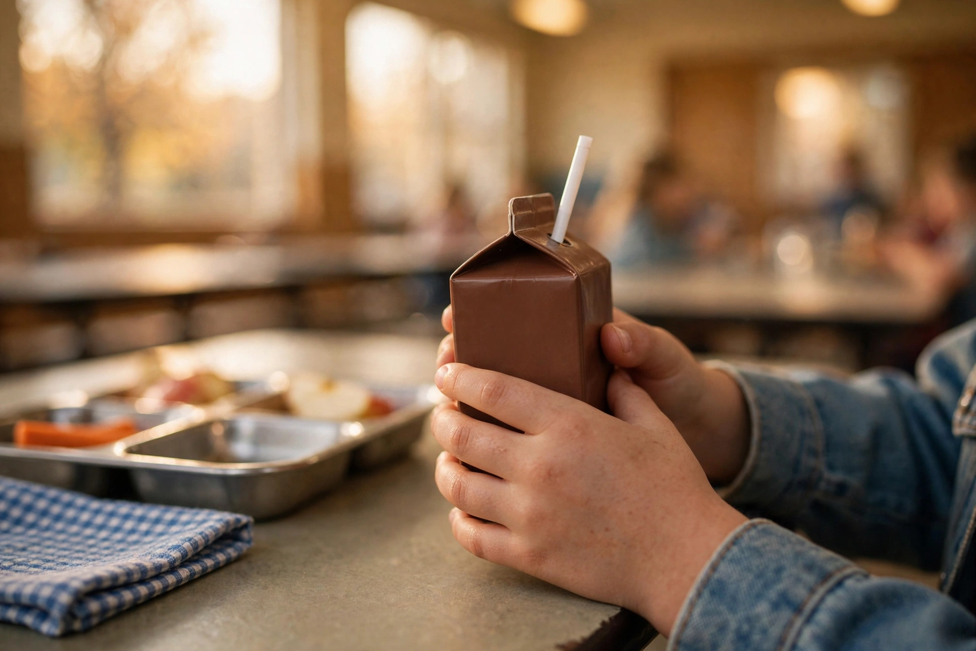 Child's small hands holding a chocolate milk carton at a school lunch table with blurred cafeteria behind