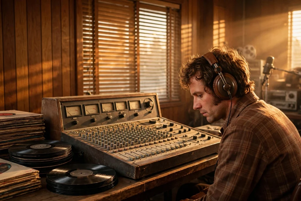 1970s radio DJ wearing big headphones at a vintage mixing console with vinyl records in warm studio light
