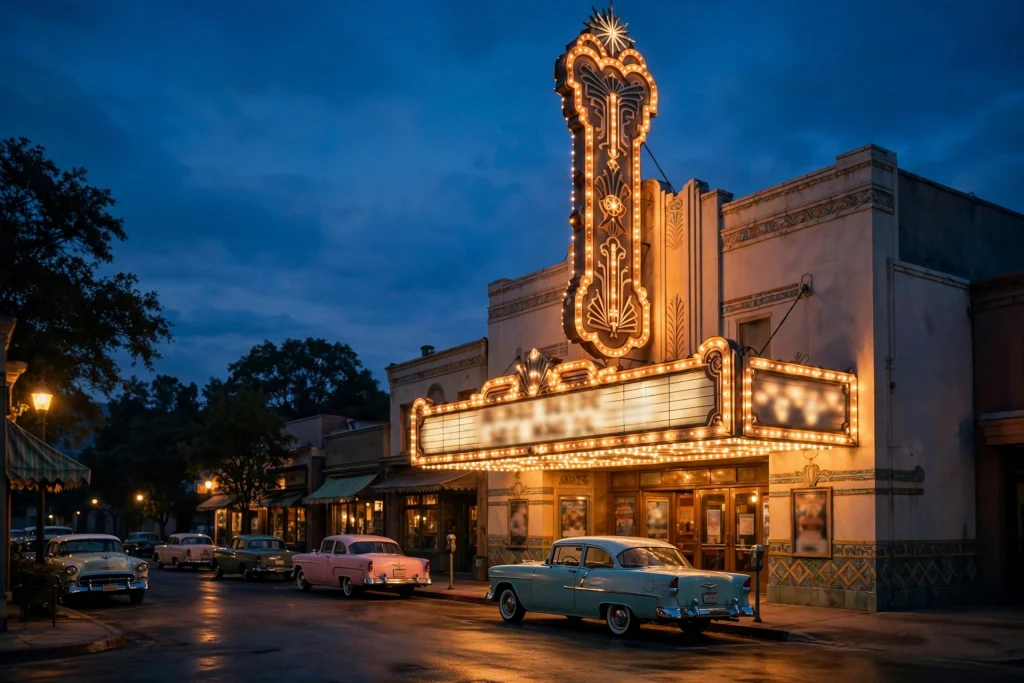 Vintage 1950s neighborhood movie theater marquee glowing at dusk with classic cars parked outside