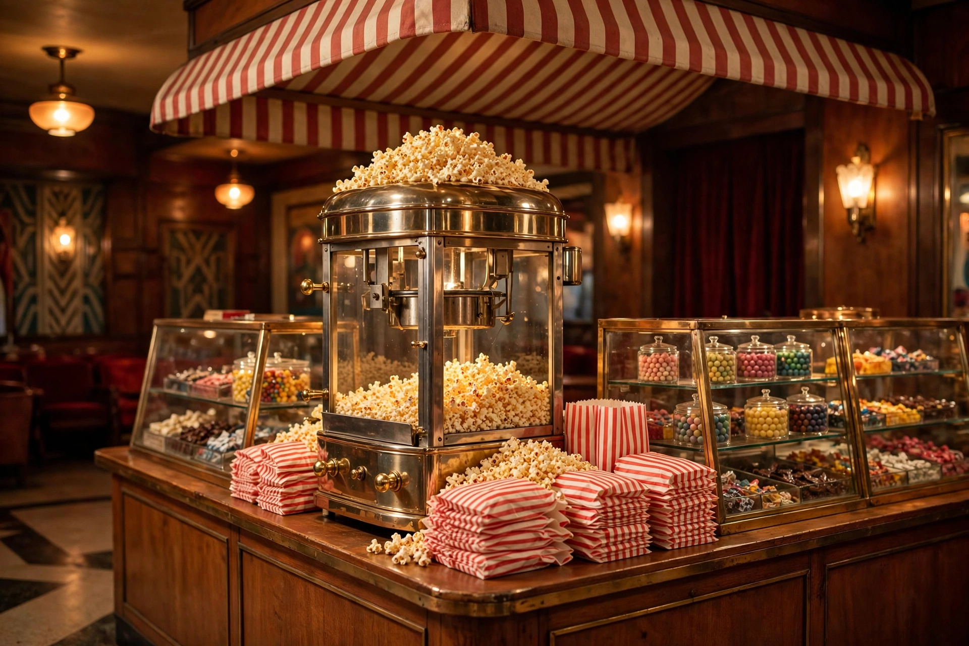 Vintage theater concession stand with an antique popcorn machine and red striped popcorn bags