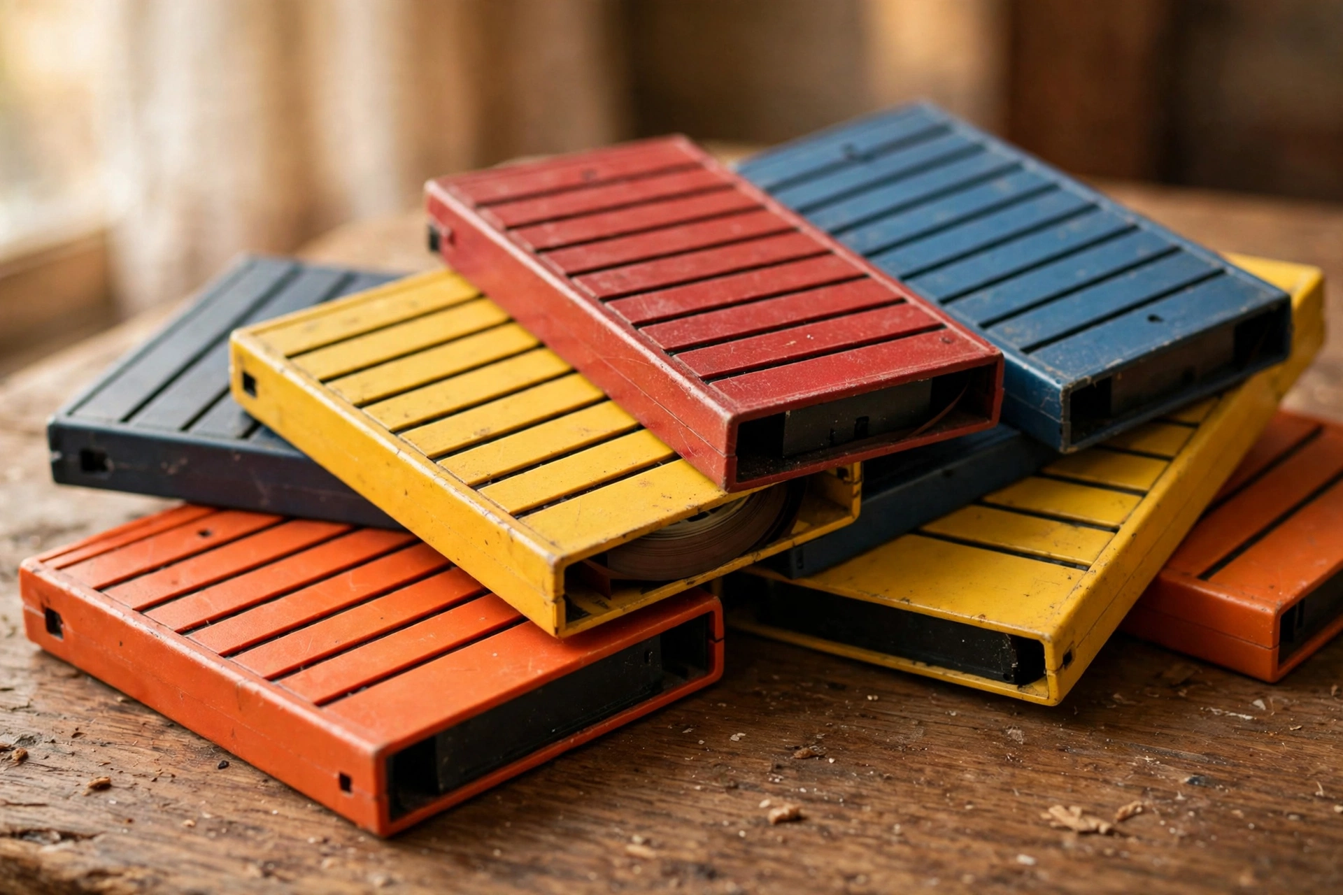 Collection of colorful orange, red, yellow and blue 1970s 8-track tape cartridges fanned out on a wooden table
