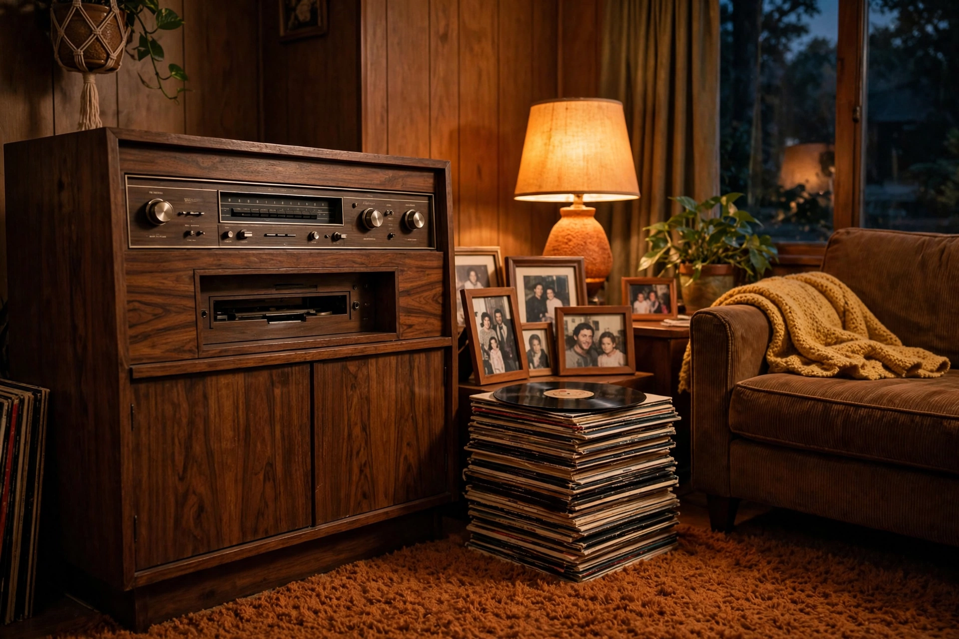 Cozy 1970s living room with a wooden stereo console featuring an 8-track player slot glowing in warm lamplight