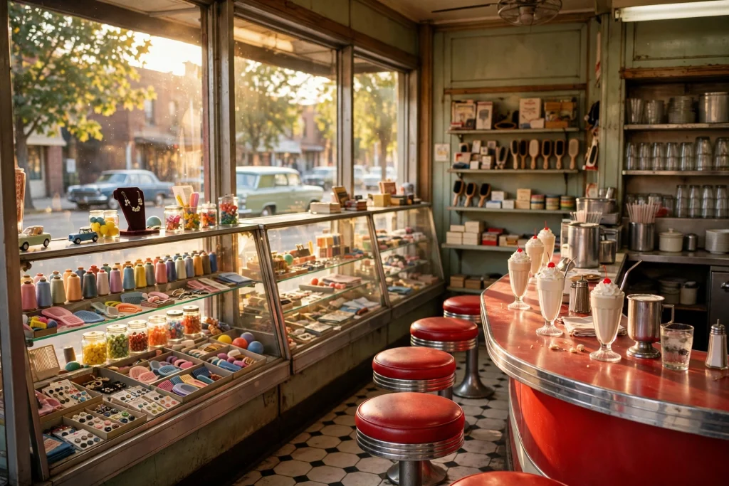 A vintage Woolworth's-style five-and-dime storefront with red-and-chrome lunch counter and glowing display windows