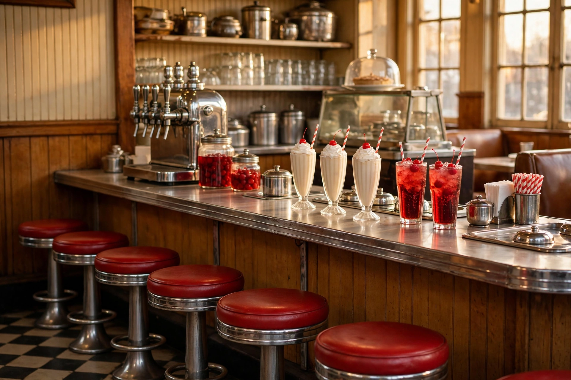 Vintage soda fountain lunch counter with red swivel stools, milkshake glasses and cherry-topped sodas