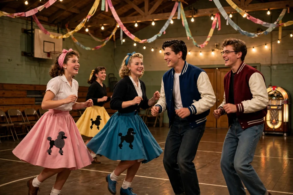 Teenagers in poodle skirts and letterman jackets dancing in a 1950s gymnasium decorated for a sock hop