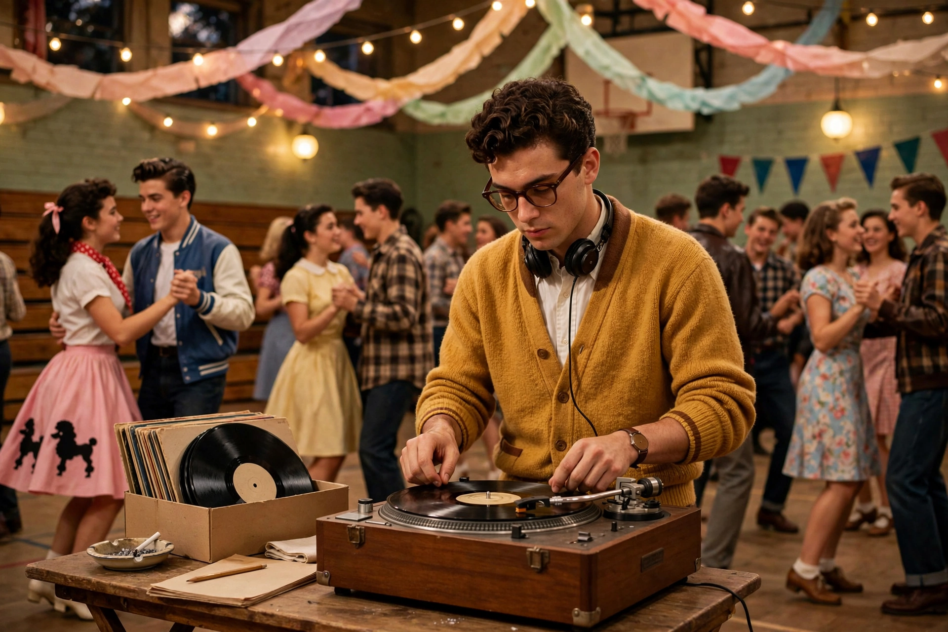 A 1950s disc jockey spinning vinyl records on a turntable at a school sock hop decorated with crepe paper