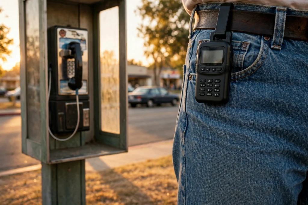 1990s Motorola-style black beeper clipped on a belt beside a vintage pay phone booth in warm golden tones