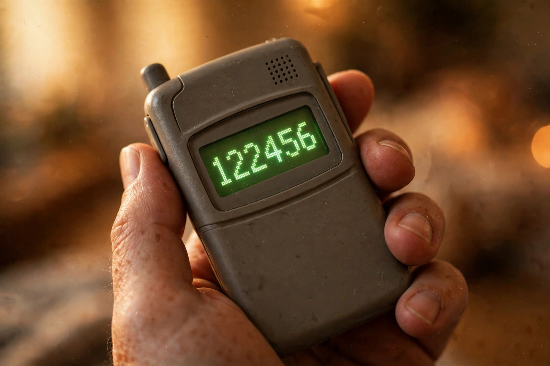 Hand holding a vintage 1990s numeric pager with glowing green LCD numbers on its tiny screen — pager memories