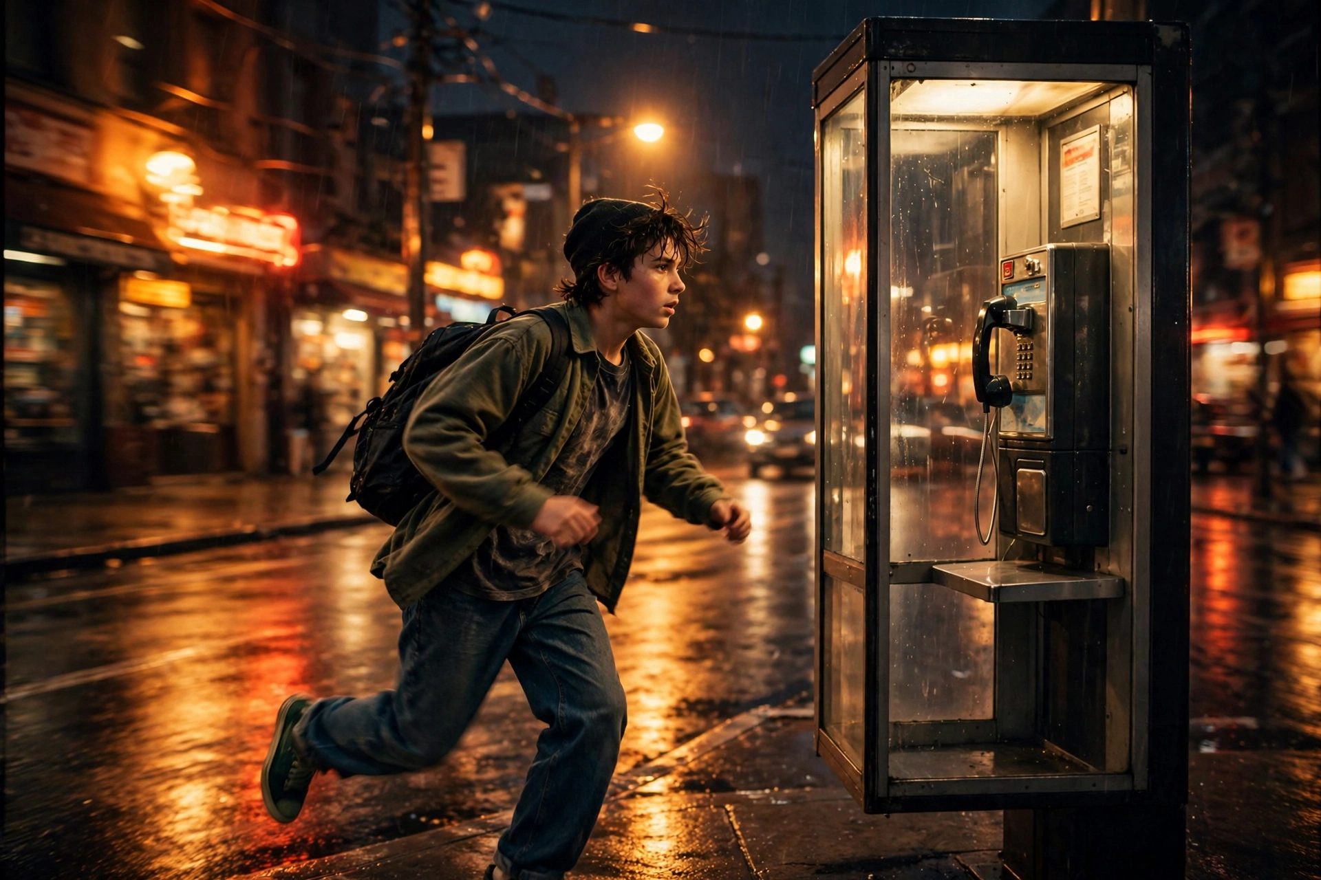 Teenager in 1990s clothing rushing to a glass pay phone booth at night under street lights