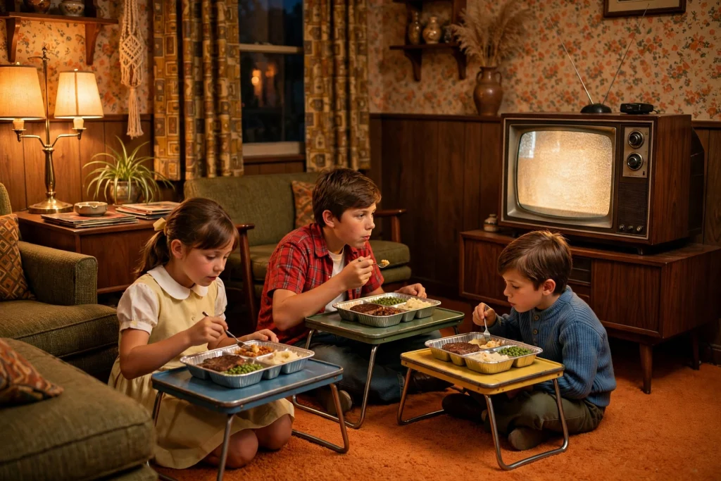 1960s family eating TV dinners from foil trays off folding tray tables in front of a vintage television