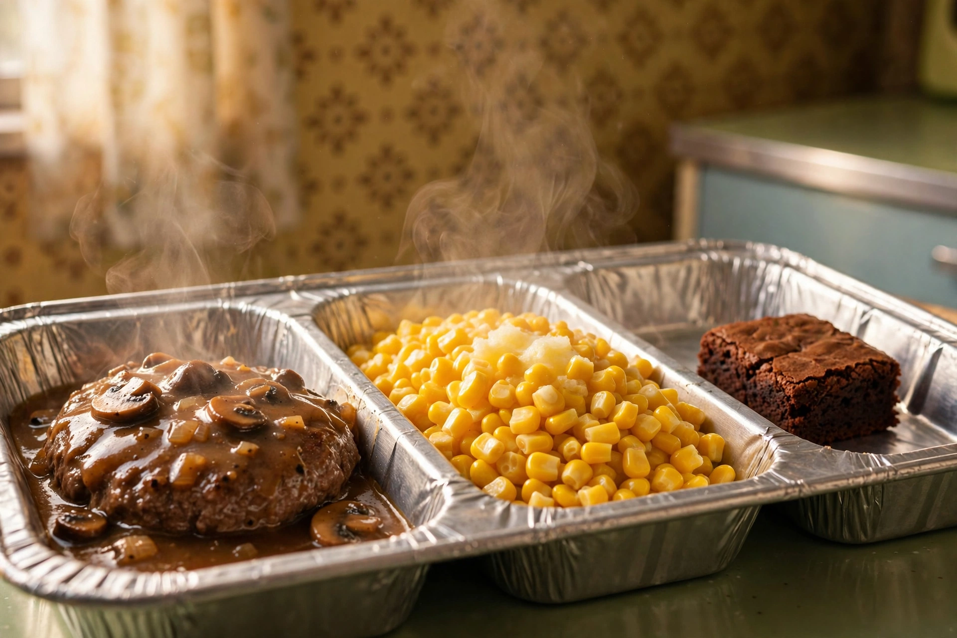 Close-up of a vintage aluminum foil tray TV dinner with compartments, steam rising, in a 1960s kitchen