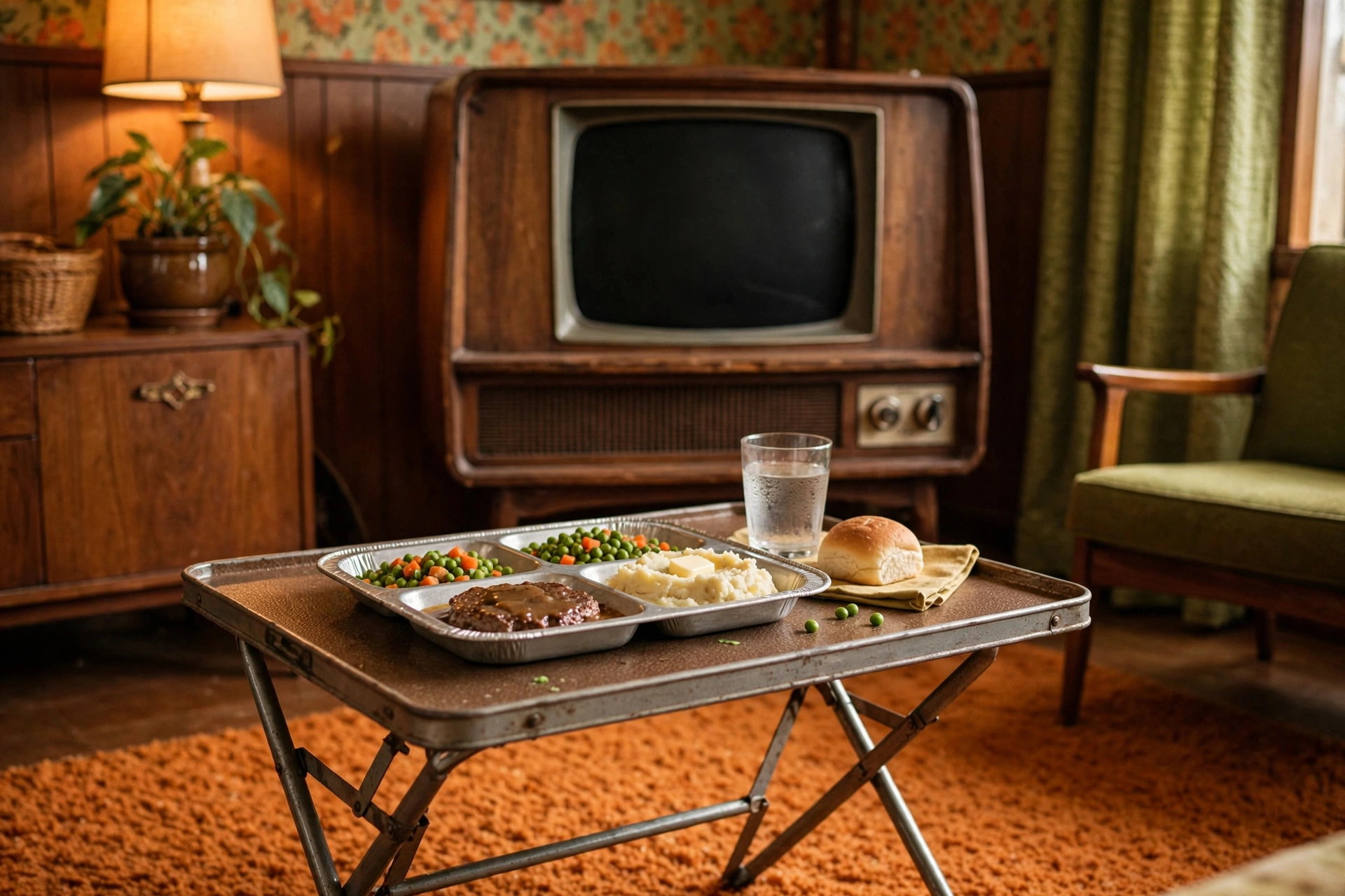 Vintage metal folding TV tray table holding a foil tray TV dinner before a wood-console television