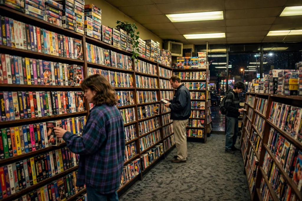 Interior of a 1990s video rental store with tall shelves packed with colorful VHS tapes