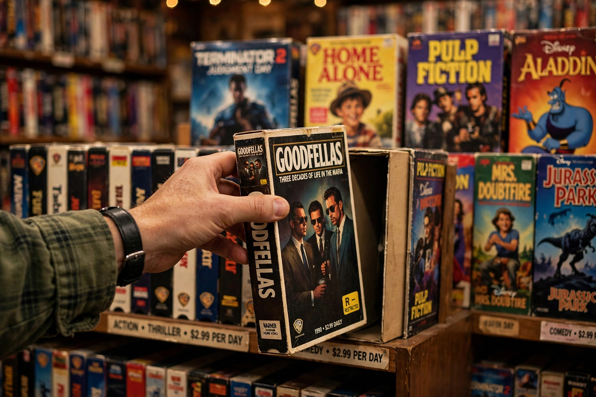 Hand pulling a VHS tape from a crowded rental store shelf