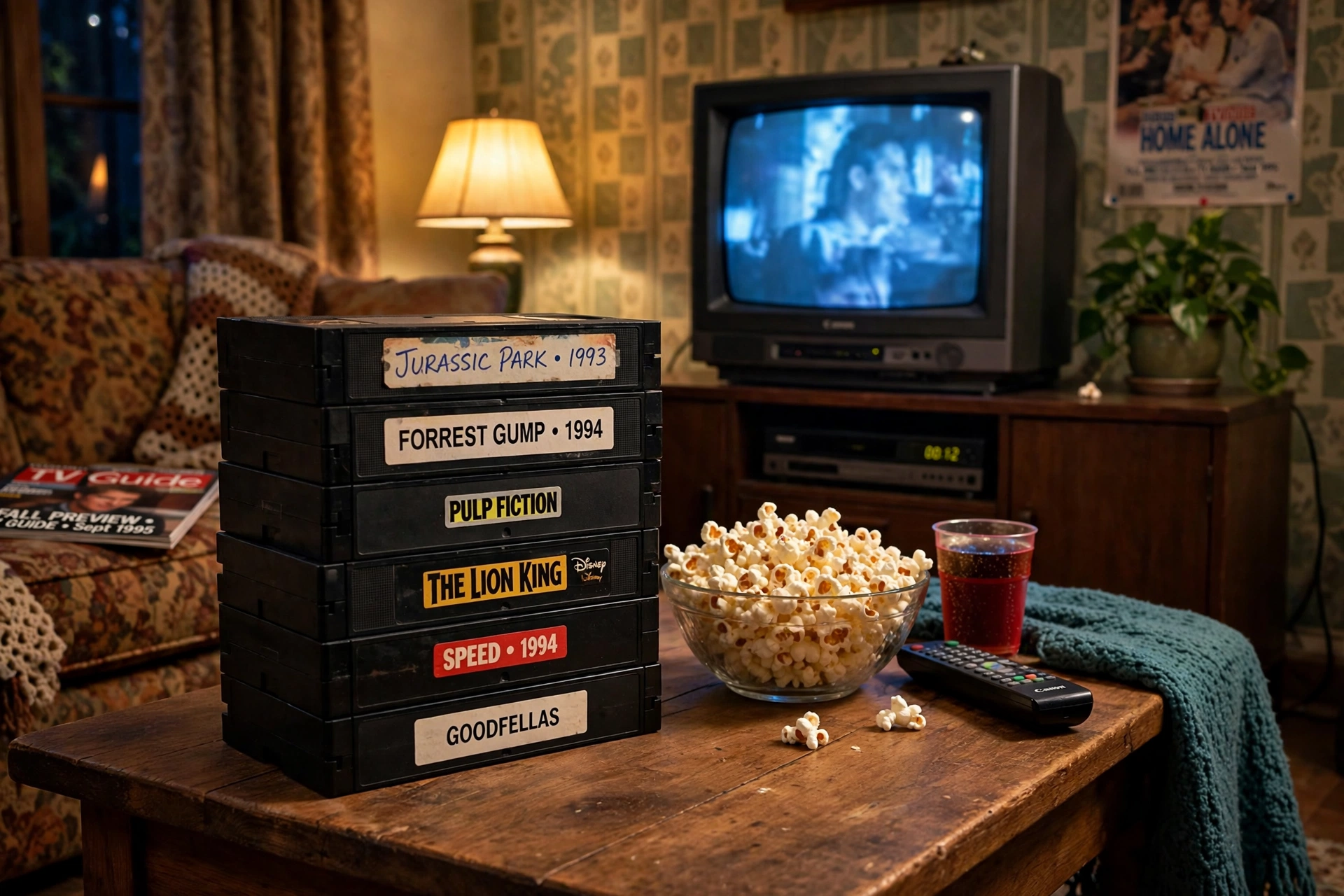 Stack of VHS tapes and popcorn on a coffee table in front of a glowing CRT television