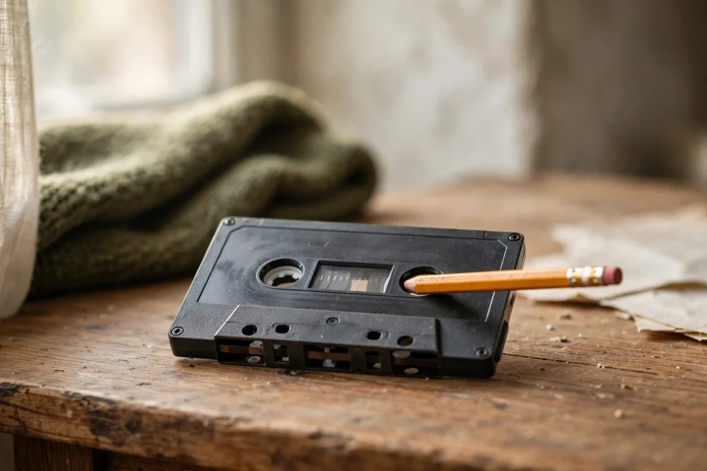 Audio cassette tape with a pencil through its reel, the classic rewind trick