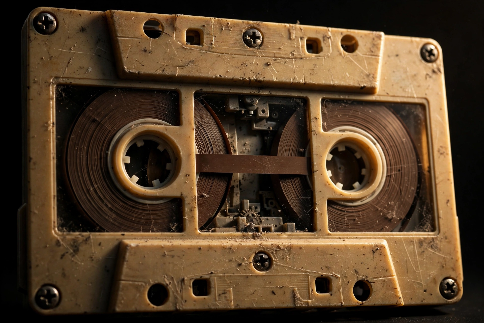 Close-up of a vintage audio cassette tape showing reels and magnetic tape