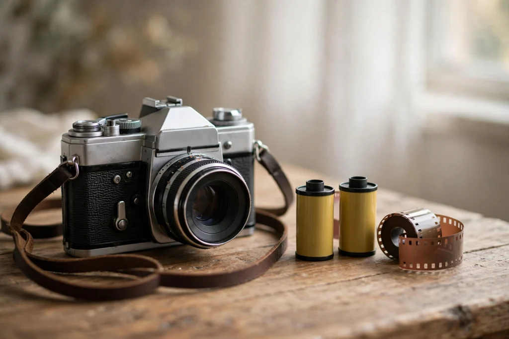 Vintage 35mm film camera with rolls of color film on a wooden table