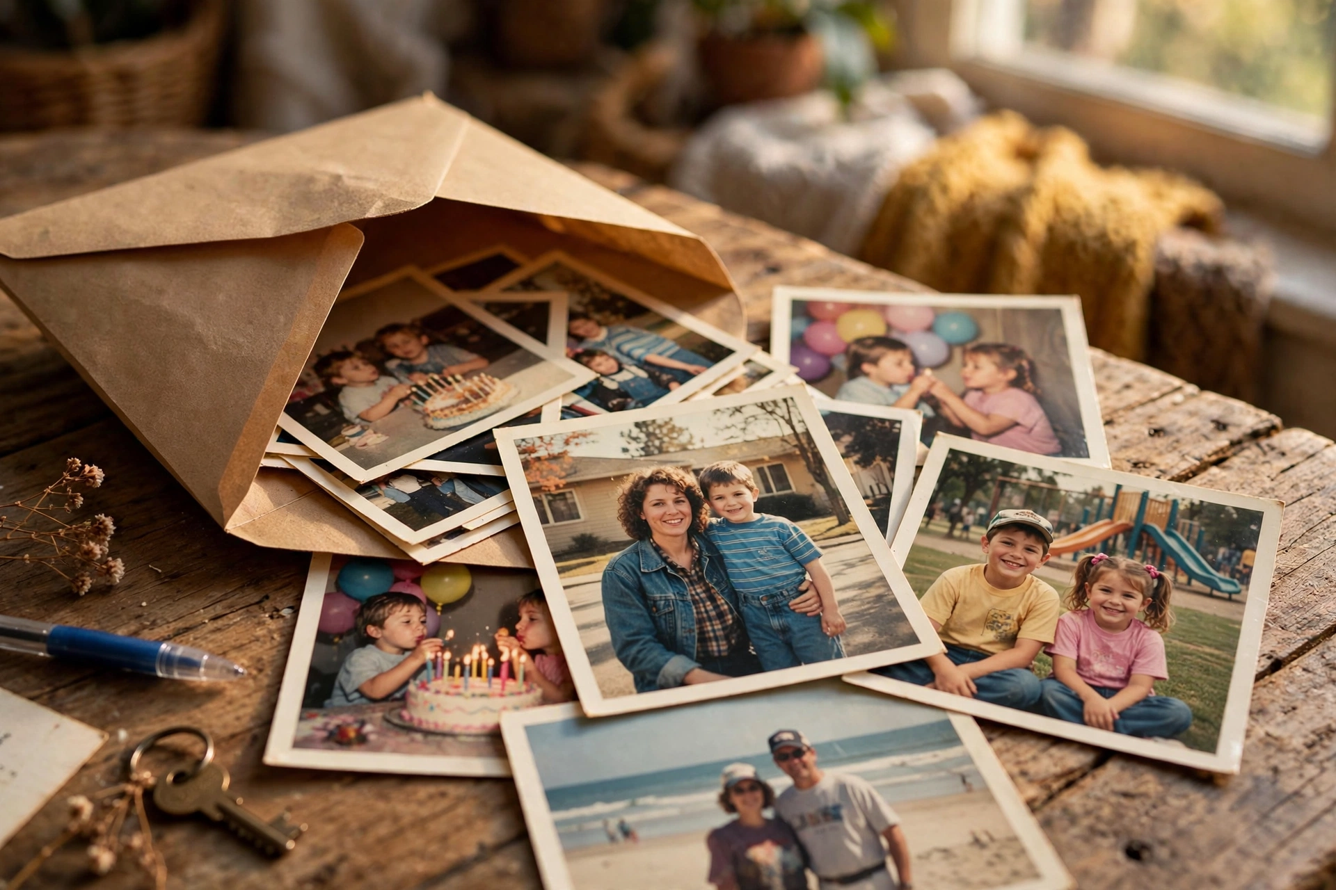 Paper envelope spilling developed photo prints onto a table