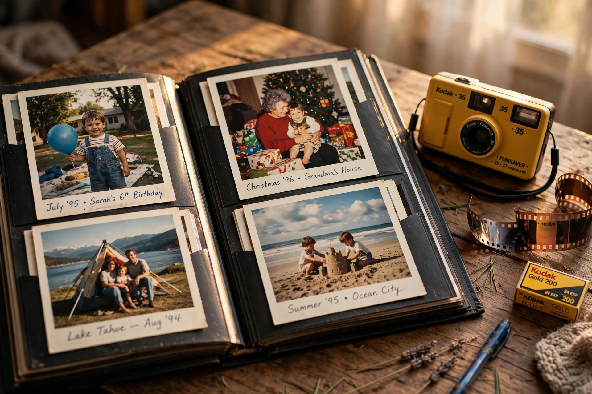 Open family photo album with a disposable camera beside it