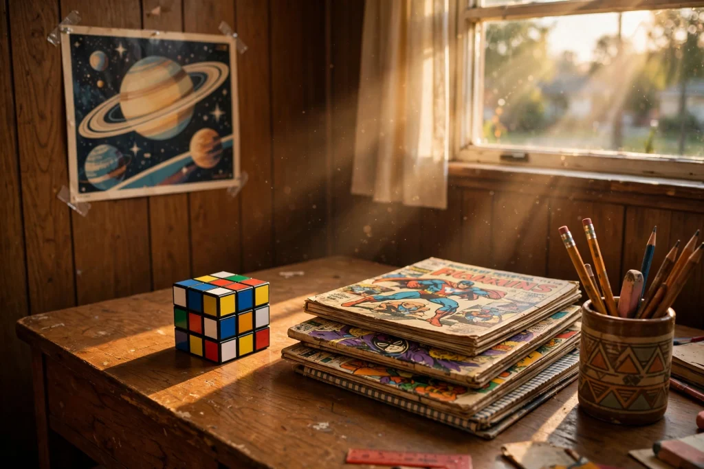 A scrambled Rubik's Cube on a 1980s bedroom desk