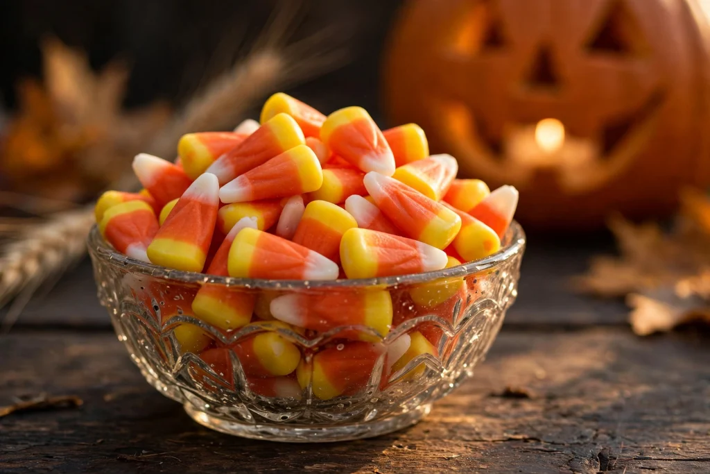 A glass bowl of classic tri-color candy corn with a glowing jack-o'-lantern behind it