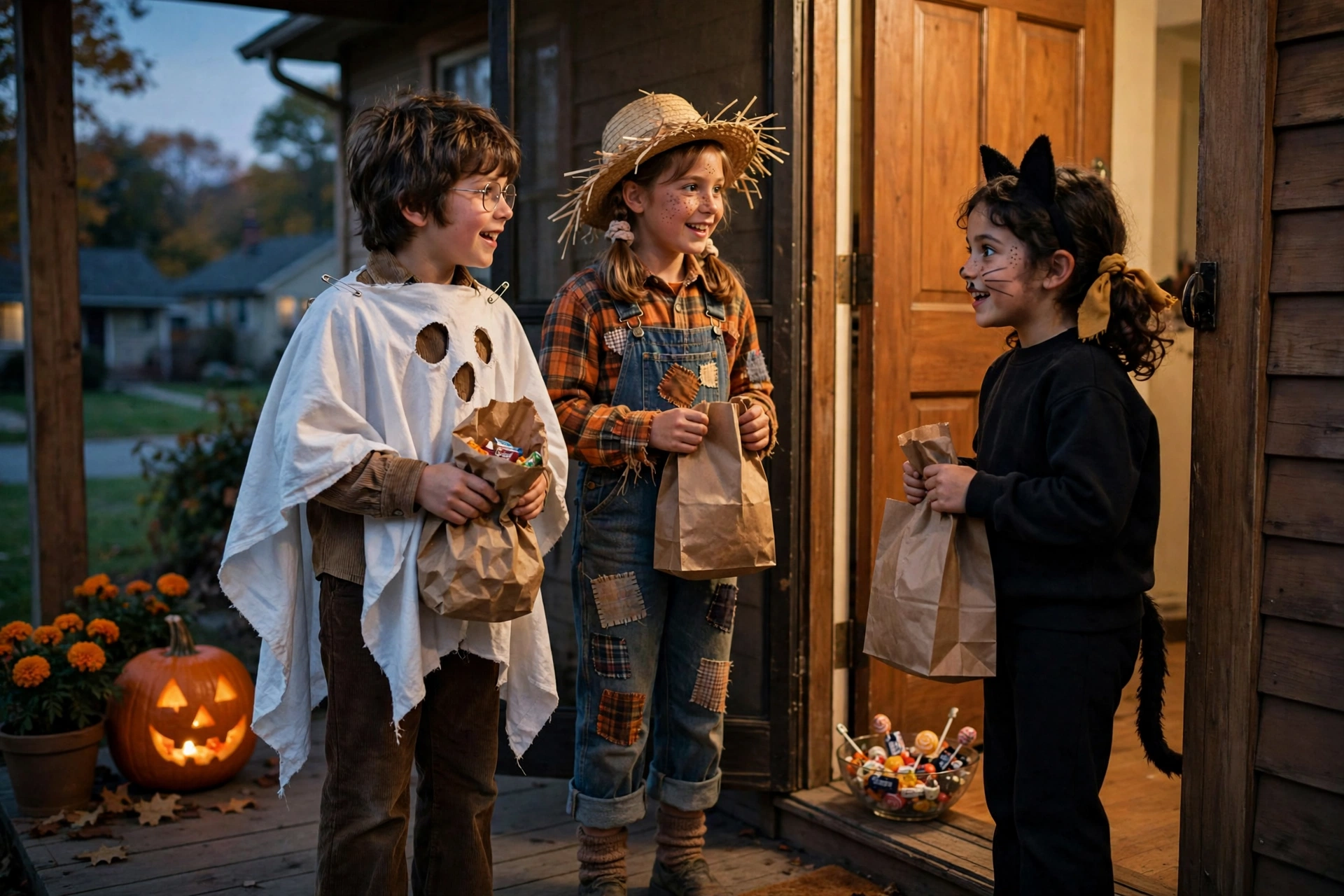 Children in homemade 1970s Halloween costumes trick-or-treating at dusk