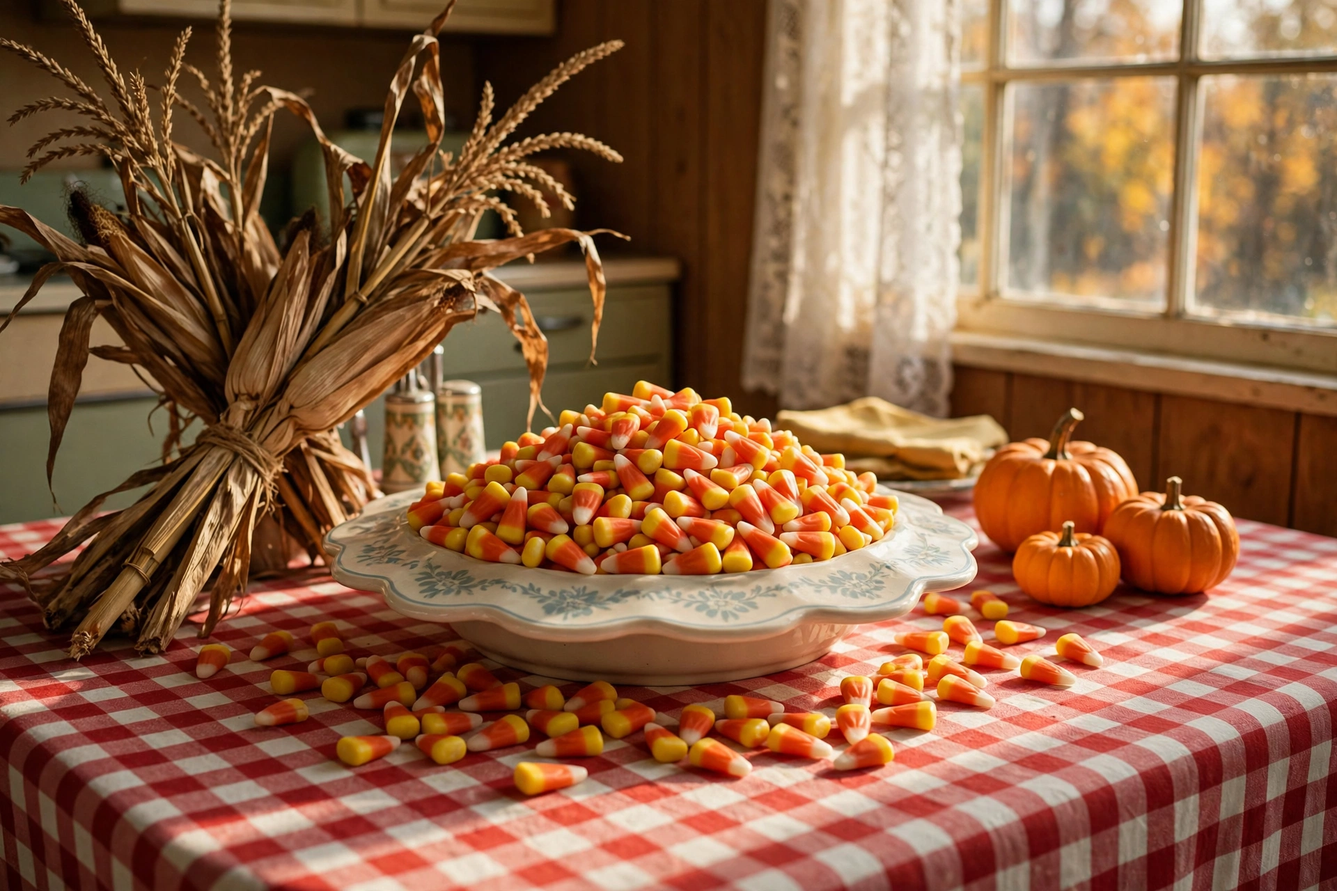 A vintage dish overflowing with candy corn on a 1960s kitchen table