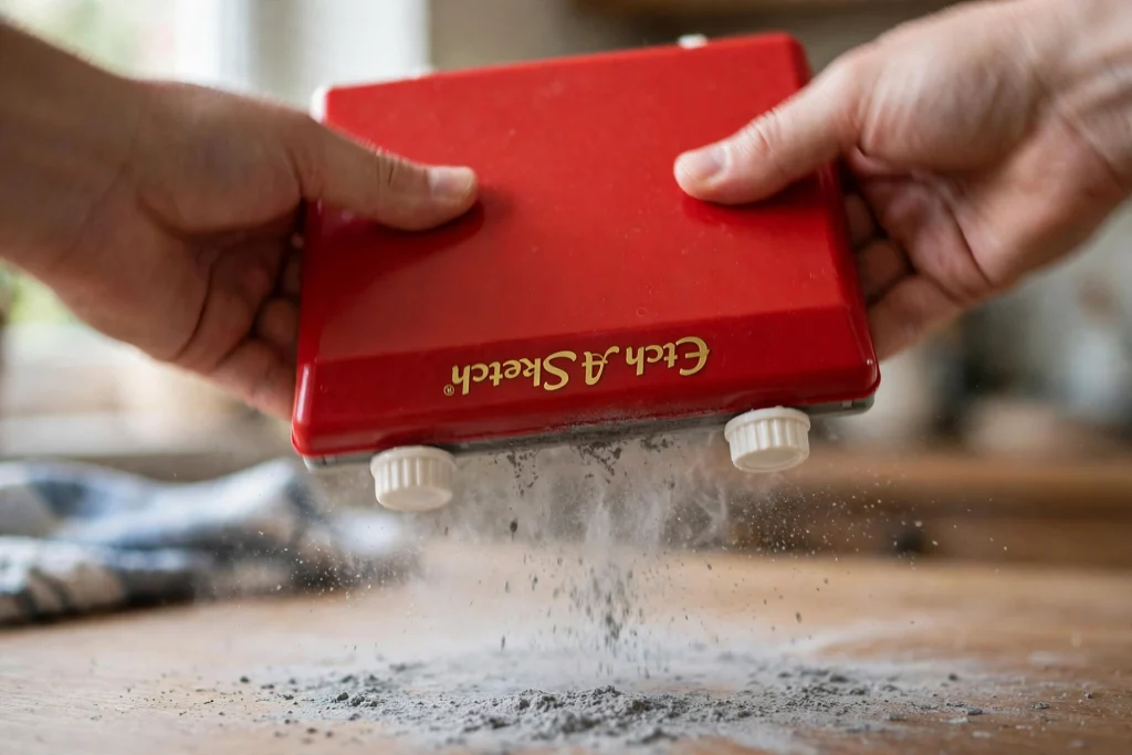 Hands shaking a red Etch A Sketch face-down to erase a drawing, with aluminium powder falling out