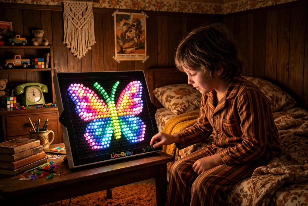 Child switching on a Lite-Brite with a glowing peg design