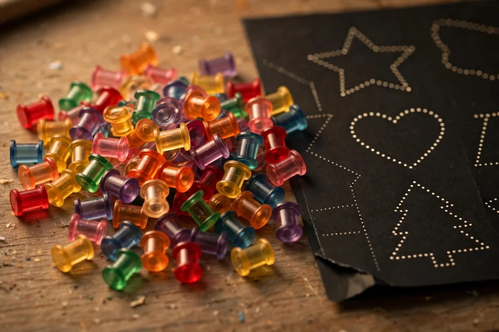 Coloured Lite-Brite pegs beside a black template sheet