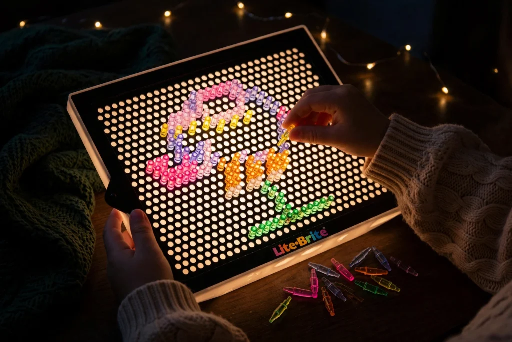 Hands placing coloured pegs into a Lite-Brite board