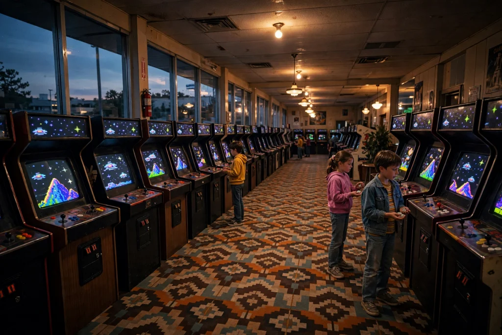 Rows of glowing arcade cabinets in a dim 1980s arcade hall