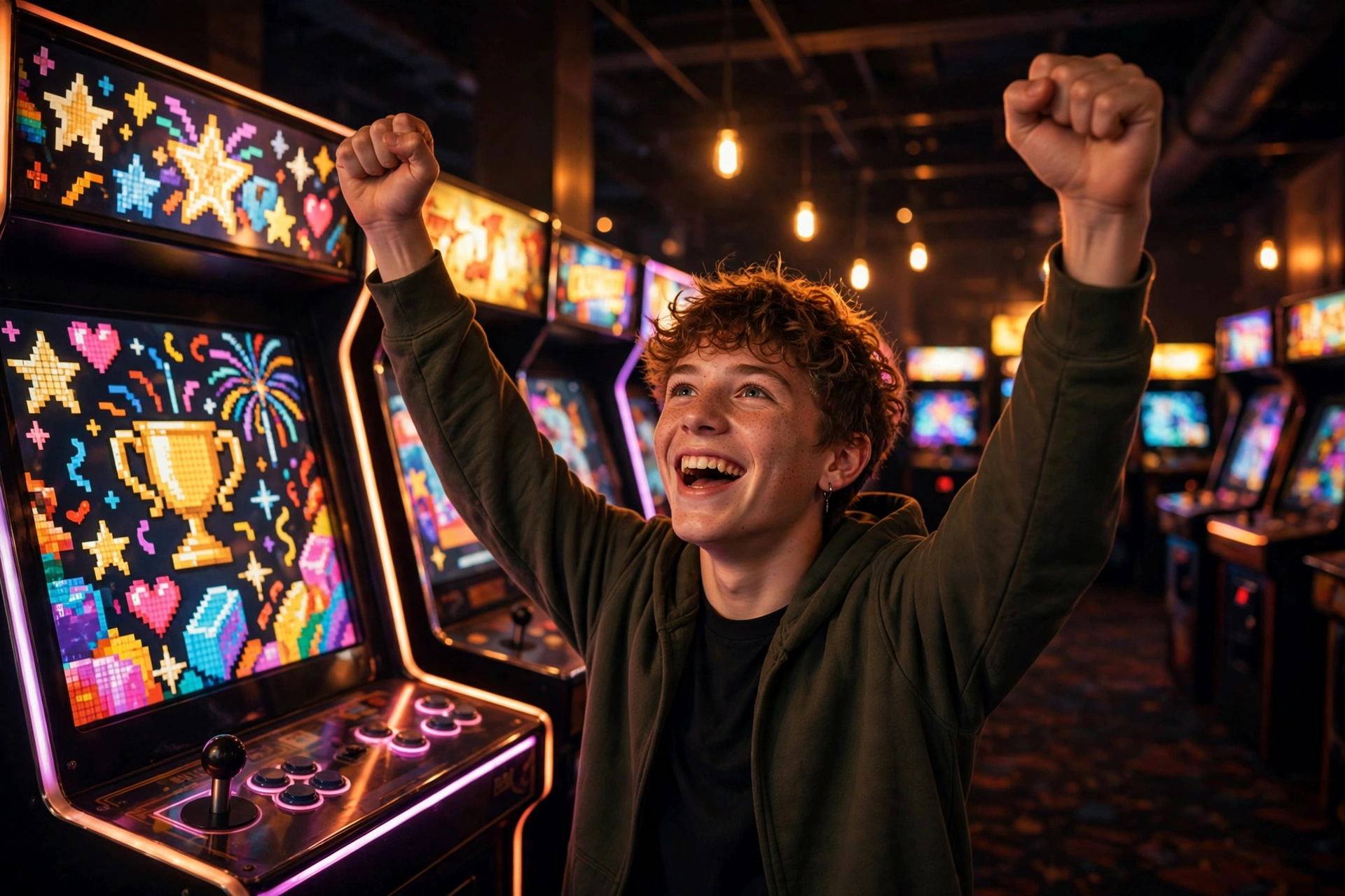 Teenager celebrating a high score at a retro arcade cabinet