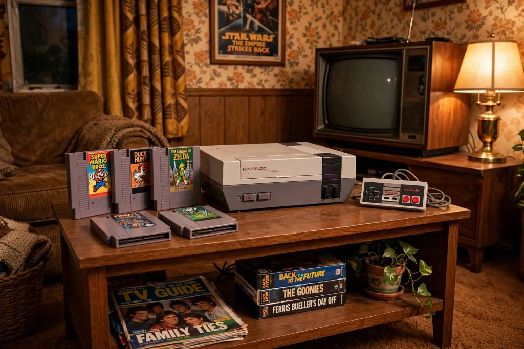 Classic gray NES console with controller and game cartridges on a wooden TV stand