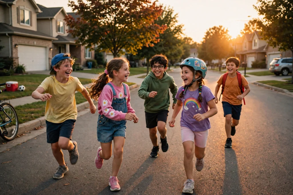Group of happy kids playing tag on a suburban street at golden hour