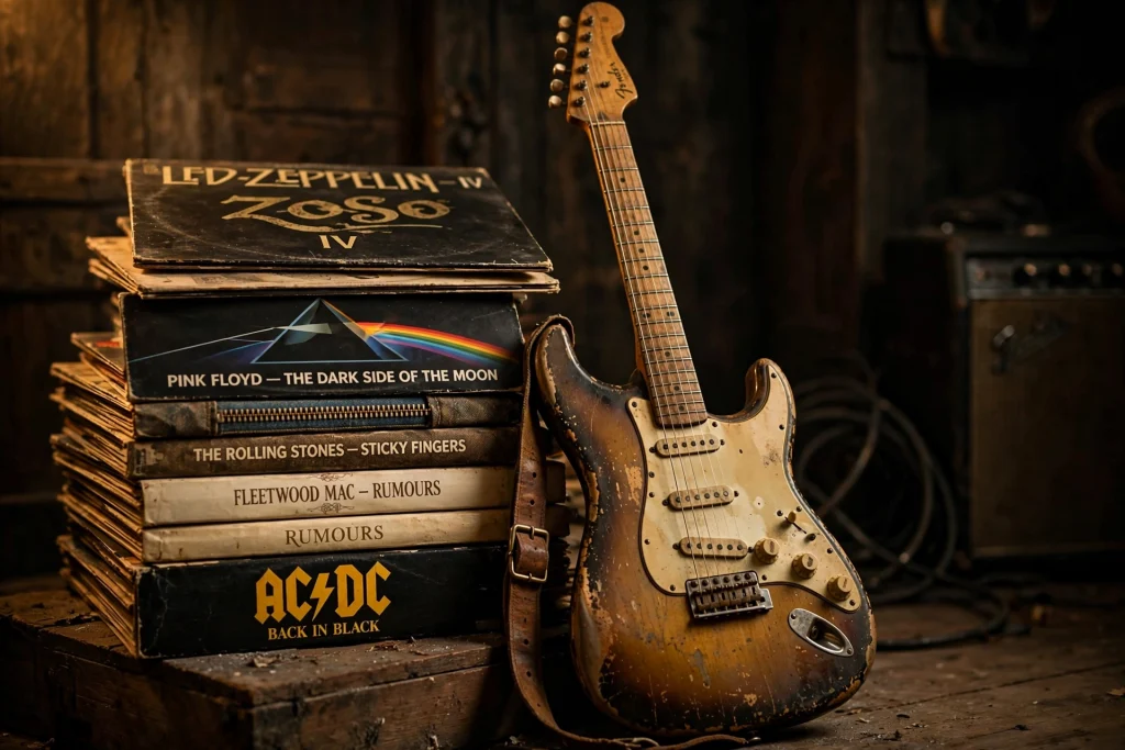 Vintage electric guitar leaning against a stack of classic rock vinyl records