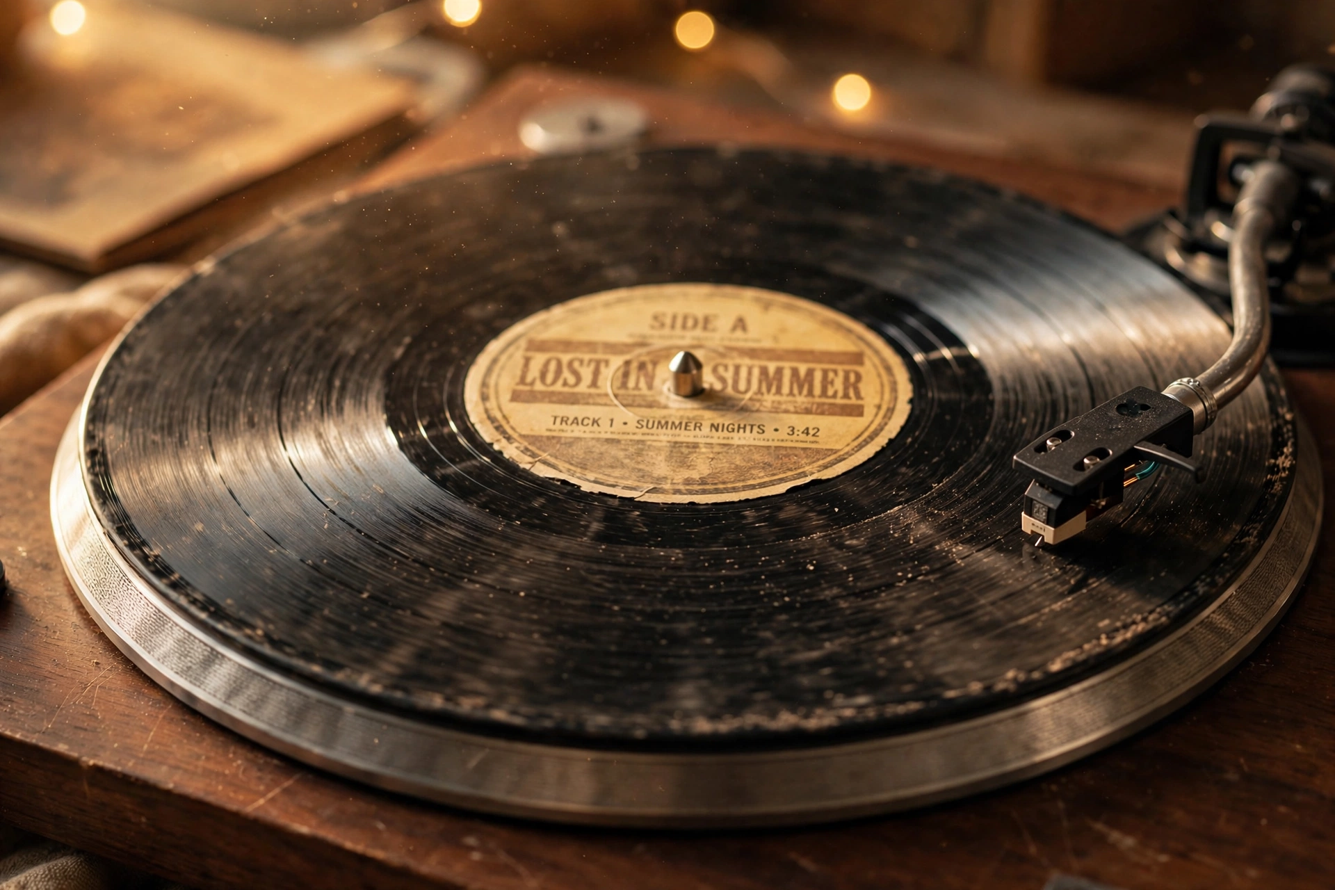 Close-up of a well-worn vinyl record spinning on a turntable with warm light