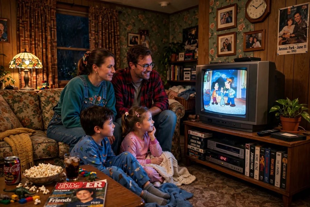 A cozy 1990s living room at night with a family gathered around a glowing CRT television