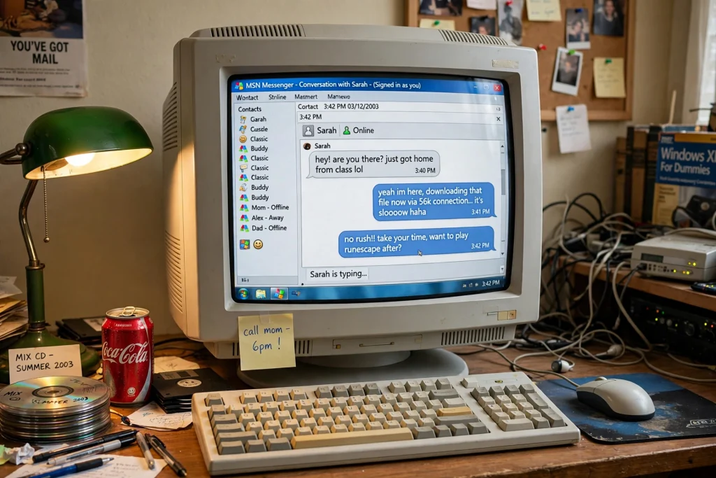 A 2000s desktop computer setup with a bulky CRT monitor showing a chat messenger window