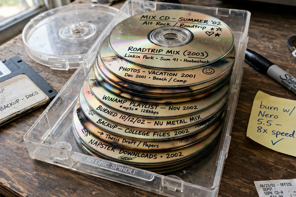 Early 2000s nostalgia: a stack of burned CDs with handwritten Sharpie labels in a spindle case