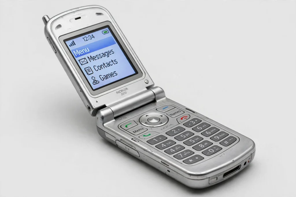 A silver flip phone half-open showing a tiny color screen