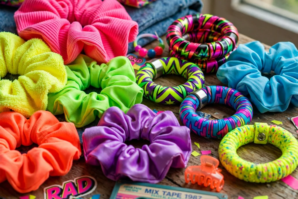 80s and 90s fashion: close-up of neon-colored scrunchies and slap bracelets arranged on a table